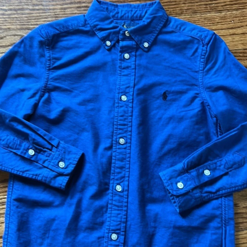 Ralph Lauren boys long sleeved Royal blue button down shirt size 7 and large EUC